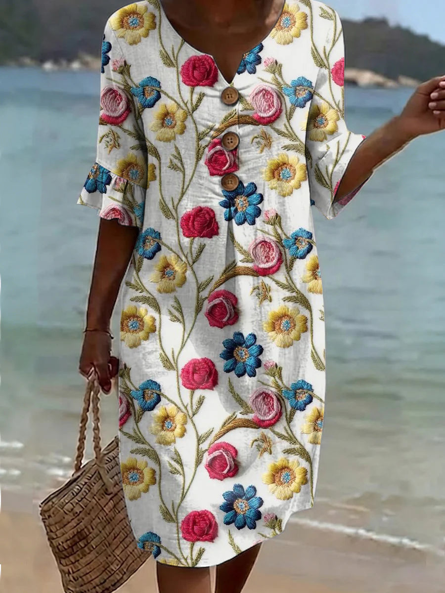 Floral Art Print Short Sleeve Retro Dress
